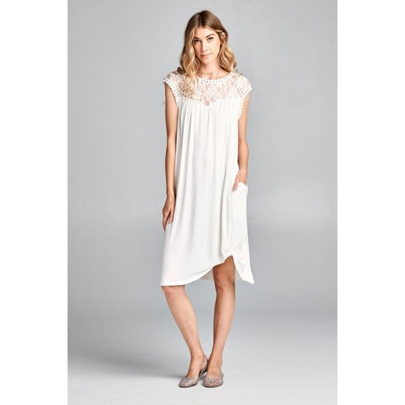 Boutique Dresses White Jersey Dress With Lace Neckline Poshmark